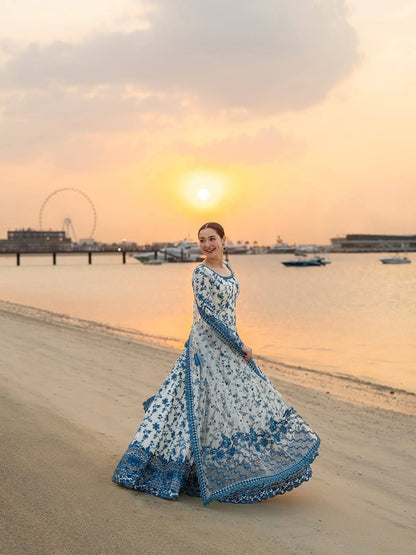 Blue Flower Lawn Embroidery Frock - Stitch Outfit