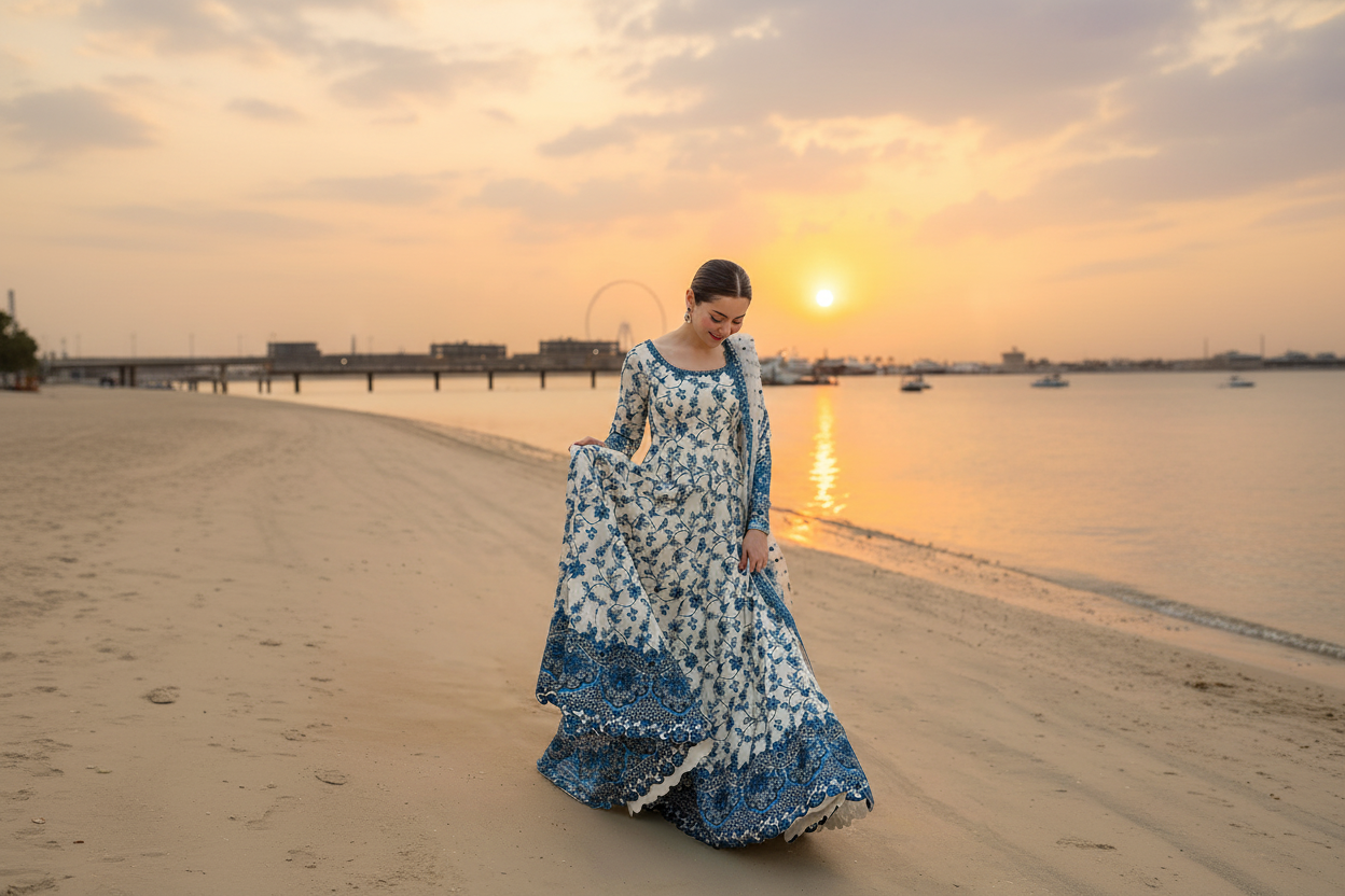Professional Banner – Blue Floral Anarkali Sunset